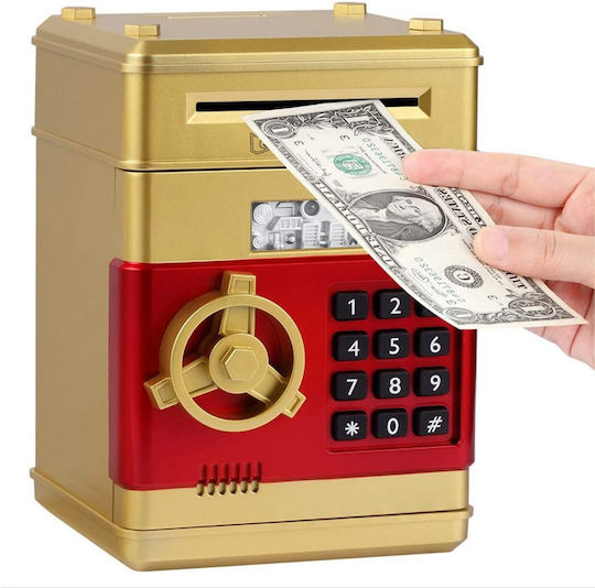 Детски Електронен Касичка Atm 13x13x19cm С Код За Сигурност Автоматично Въвеждане На Банкноти Пръстов Отпечатък Fg-22 Червено-Златно