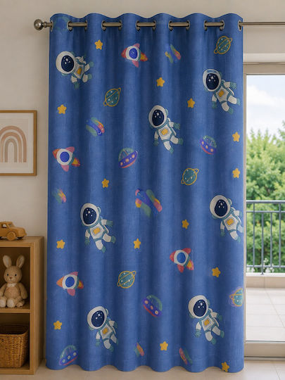 Kids Curtain With Rings “Astronaut & Space” With Rod Pocket Blue 260x270cm
