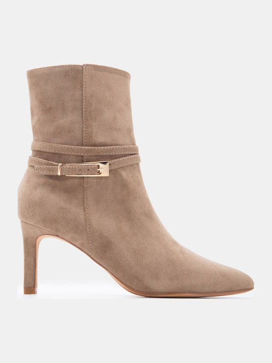 Suede Women's Ankle Boots with High Heel Beige