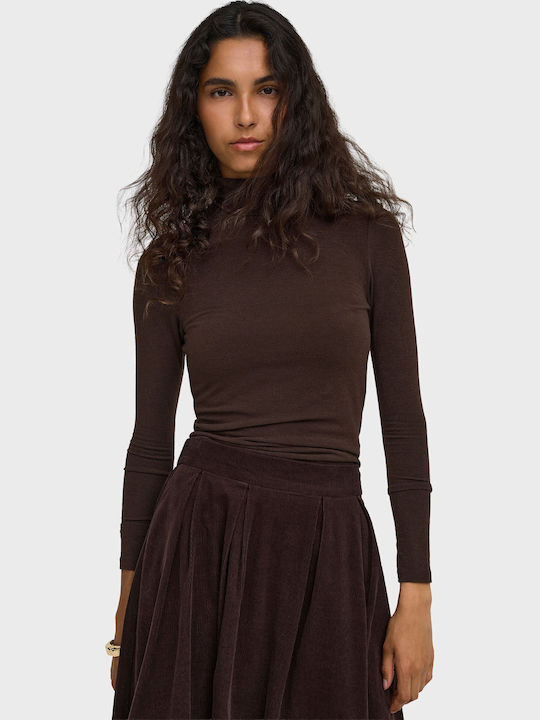 Glamour Women's Blouse Long Sleeve Turtleneck Brown