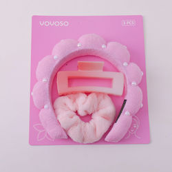 Set of 3 Pieces – Makeup Hair Headband Cloud Claw Clip Scrunchie – Pink