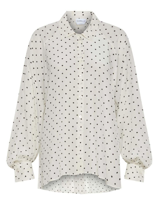 Long Sleeve Women's Silky Shirt White Polka Dot