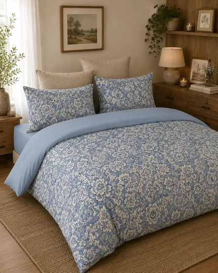 Set Huse Pentru Pilote Bumbac Satinat 200x220cm Dublu Cu 2 Fețe De Pernă & 1 Cearșaf Albastru