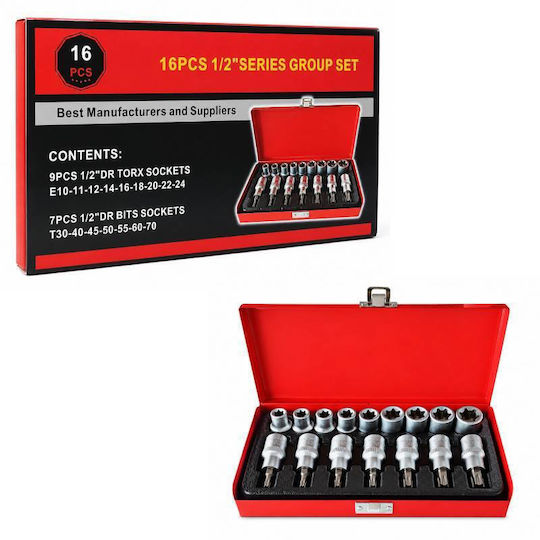 Bit Steckschlüssel Torx & E-torx 16 Stück 1/2″ – 16pcs 1/2″ Torx & E-torx Steckschlüssel Set 089170