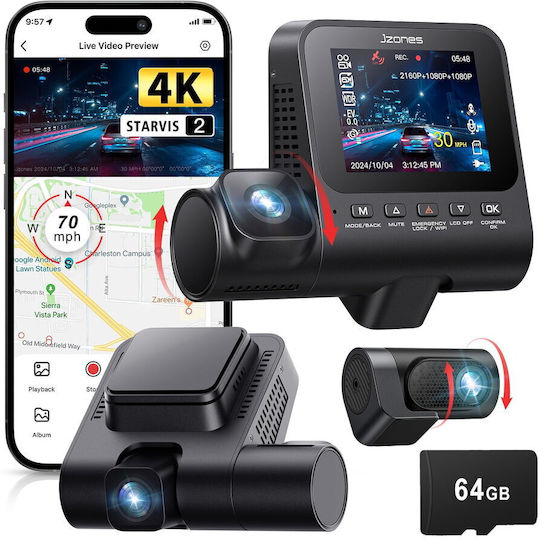 Jzones V630 Set Cameră DVR Auto 4K cu Ecran 2.4" Bluetooth Wi-Fi GPS și Cameră Oglindă Spate