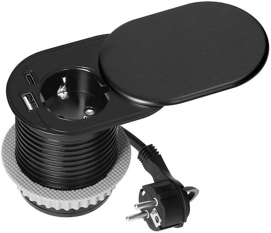 Ενσωματωμένη Πρίζα Επίπλου 60 Mm Schuko + Usb-a/usb-c Pd 20 W Συρόμενο Κάλυμμα Καλώδιο 1,9 M Μαύρο