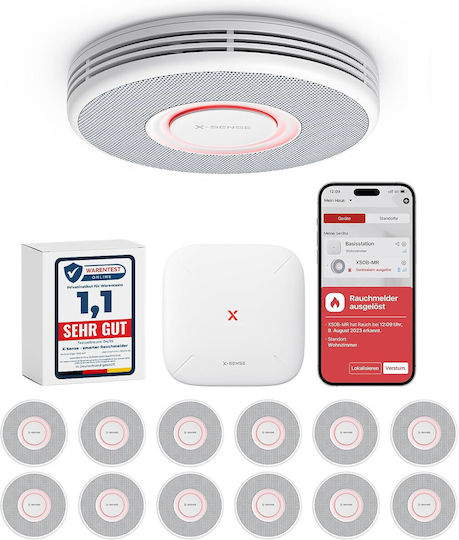 Pachet 12 Detectoare De Fum Inteligente X-Sense Xs0b-Mr121 Mesaje Vocale Stație De Bază Wi-Fi Sbs50 Senzor Fotoelectric 33 Mm Interconectabile Alerte Telefon Alb