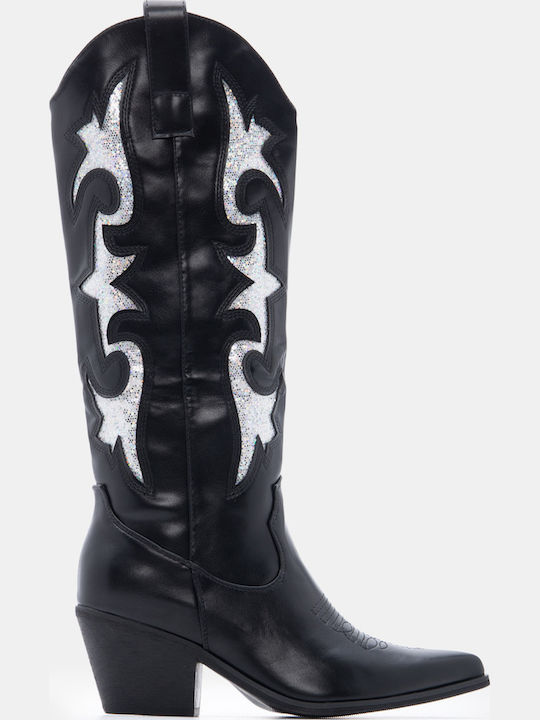 Suede Women's Boots Cowboy with Mid Heel Black