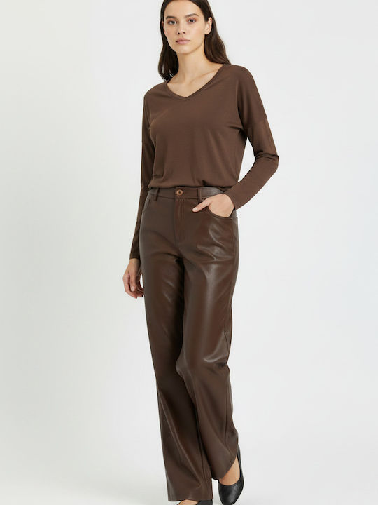 Women's Leather Pantaloons in Wide Leg Style Brown