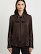 Long Sleeve Women's Satin Shirt Dark Brown