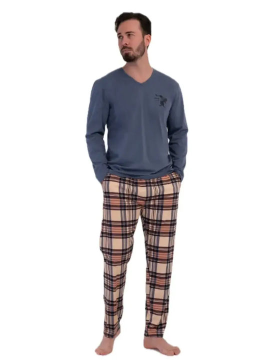 Vienetta Secret Pijama de Iarnă în Carouri pentru Bărbați din Bumbac Albastră