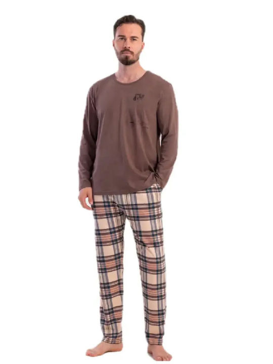 Vienetta Secret Pijama de Iarnă în Carouri pentru Bărbați din Bumbac Maro