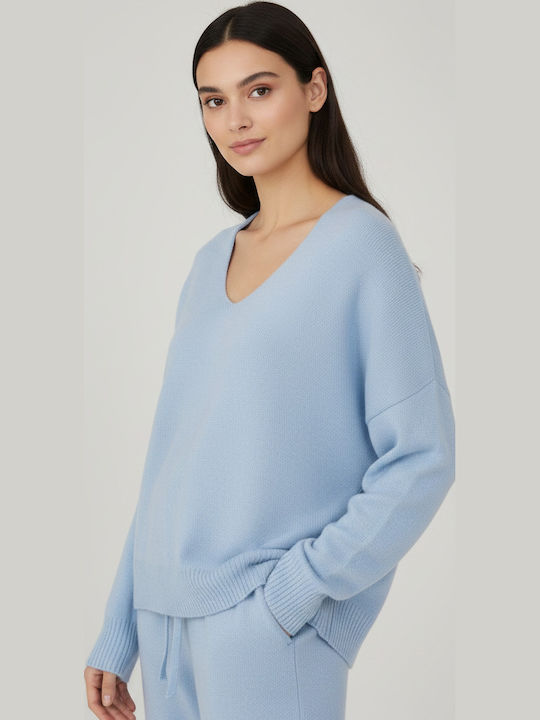Damen Pullover Aus Wolle Mit V-Ausschnitt Hellblau