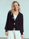 Celestino Women's Knitted Ribbed Cardigan With Metallic Details Loose Fit Black