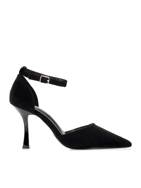 Suede Heels with Stiletto Heel & Strap Black