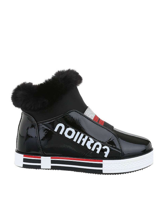 Women's Patent Leather Ankle Boots with Fur Black G-Boots-008-GE47(SG612)-14