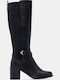 Suede Women's Boots with Mid Heel Black
