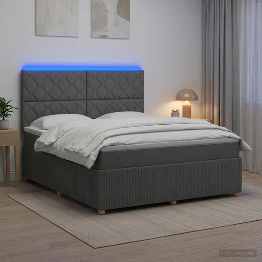 Pat King Size Tapițat cu Material Gri Închis cu Plăci și Saltea 190x190cm