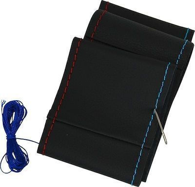 Steering Wheel Cover Tailored Leather Black Blue Red Thread 38cm
