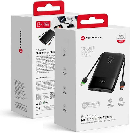 Forcell F-Energy F10K6 Външна батерия 10000mAh 22.5W с USB-A Порт Power Delivery / Quick Charge Черен