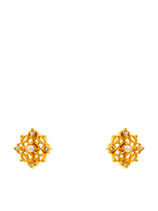 Bizoutaki Gold Plated Silver Stud Earrings with Stones and Pearls