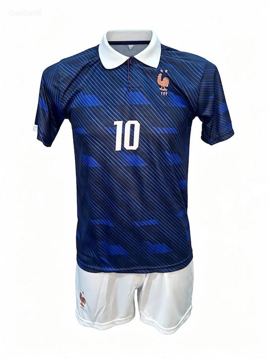 Kids Football Kit Mbappe France National Team Collar Blue White Shorts 170826-03