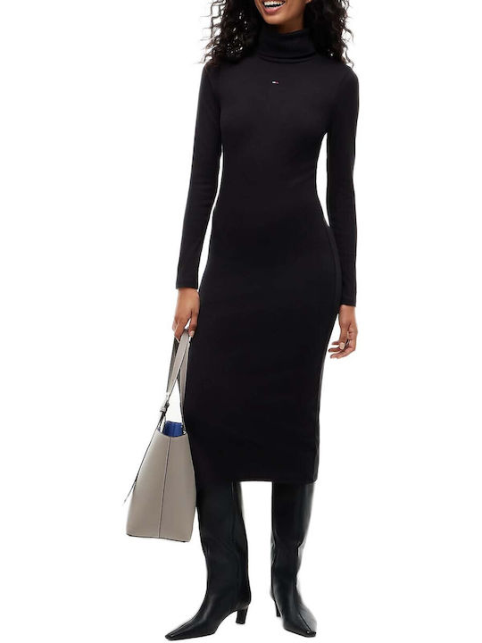 Midi T-Shirt Dress Knitted Turtleneck Black
