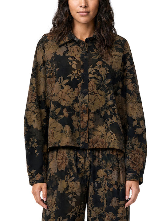 Long Sleeve Women's Shirt Brown Black Beige Floral