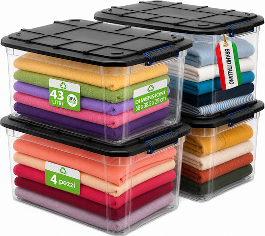 Bakaji Plastic Storage Box with Wheels and Lid Transparent 58x38.5x29cm 4pcs