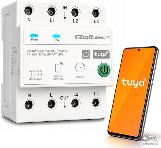 Qoltec 63 A Dreiphasen-Relais DIN-Schiene 3p+n Timer Wi-Fi Tuya Smart Life Amazon Alexa 4p