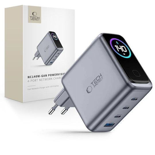 Tech-Protect Handyladegerät Ohne Kabel mit USB-A Ausgangsanschluss und 3 USB-C Ausgangsanschlüsse 140W Stromlieferung / Schnellaufladung 3.0 Dunkelgrau (Powervision NC140W-GAN)