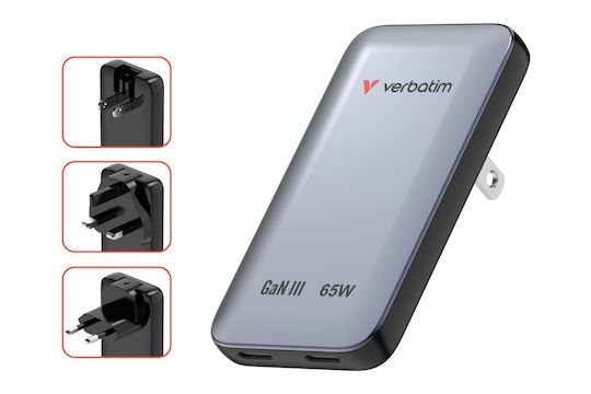 Verbatim Φορτιστής Χωρίς Καλώδιο GaN με 2 Θύρες USB-C 65W Power Delivery Γκρι (Essentials Slim)