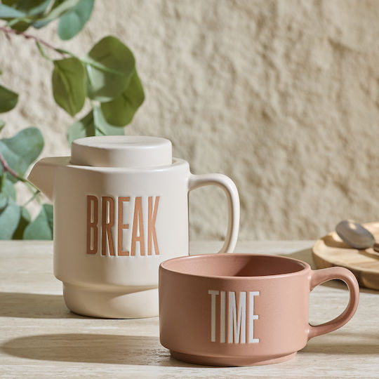 Teapot with Mug and Filter Ceramic Beige 450ml
