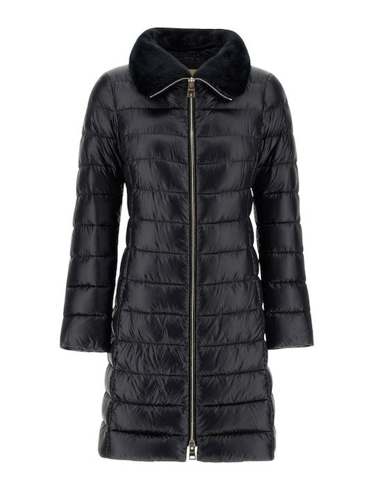 Woven Long Women's Puffer Jacket for Winter Black