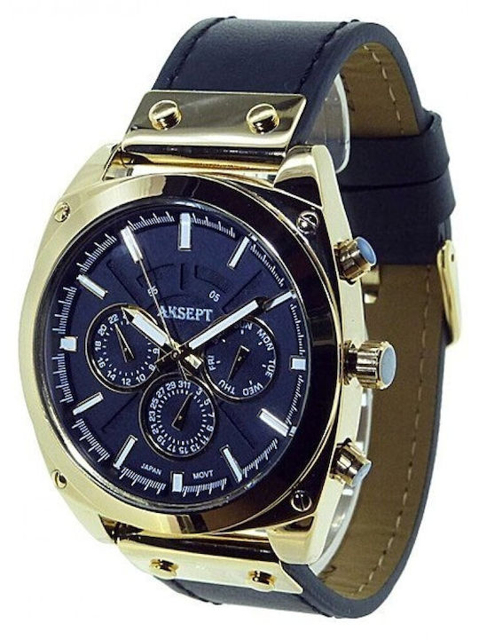 Aksept Мъжки Часовник 54mm На Батерия с Синя Кожена Каишка