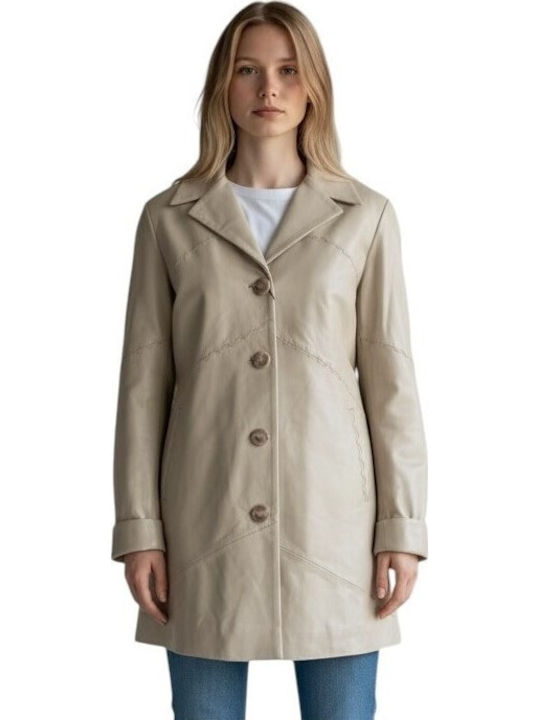 Leather Women's Coat Ecru with Buttons