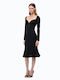 Midi Evening Satin Dress with Ruffles Black