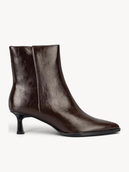 Braune Lackleder Mütze Stiefeletten mit gebogener Kitten Heel
