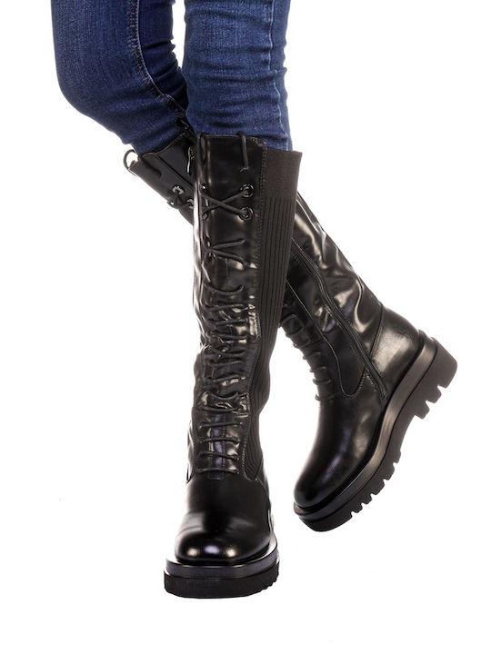 Damenstiefel aus Leder mit Mittelhohem Absatz Schwarz