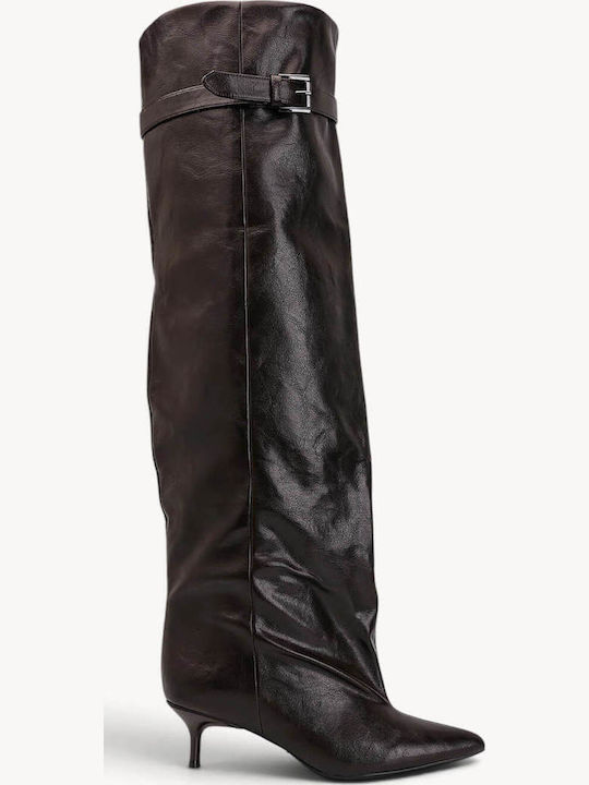 Braune Damenstiefel mit Gürtel am Körper Über dem Knie verlängerte Silhouette