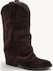 Braune Wildleder Damenstiefel Über dem Knie Cowboy mit Pelz Absatz