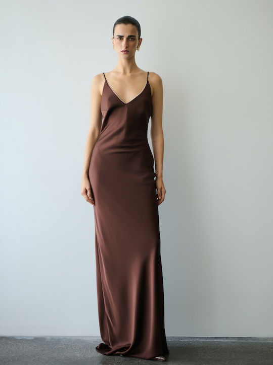 Sommer Maxi Abendkleid Slip Dress Satin Off-Shoulder Cinnamon Braun