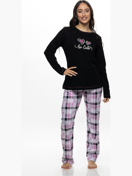 Galaxy Set De Pijamale De Iarnă Pentru Femei Din Bumbac Negru/Carou