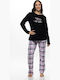 Galaxy Set De Pijamale De Iarnă Pentru Femei Din Bumbac Negru/Carou