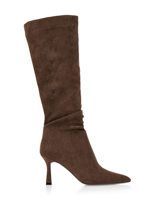Suede Women's Boots with High Heel Brown
