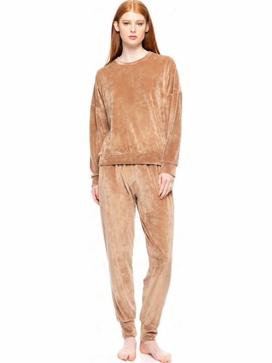 Pink Label Winter Damen Schlafanzug Set Beige