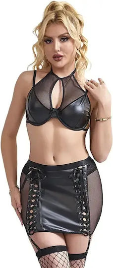 Секси Комплект Bralette и Мини Пола Wet Look и Мрежест L XL