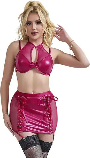Σετ Bralette & Mini Φούστα Wet Look & Δίχτυ L Xl Κόκκινο