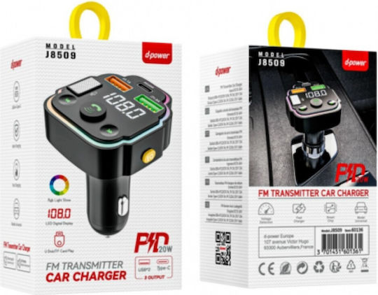 D-power J8509 Αυτοκίνητο Bluetooth Audio Fm Πομπός Ασύρματο 20w Fast Usb Charger Black