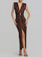 Summer Maxi Evening Shirt Dress Satin Brown